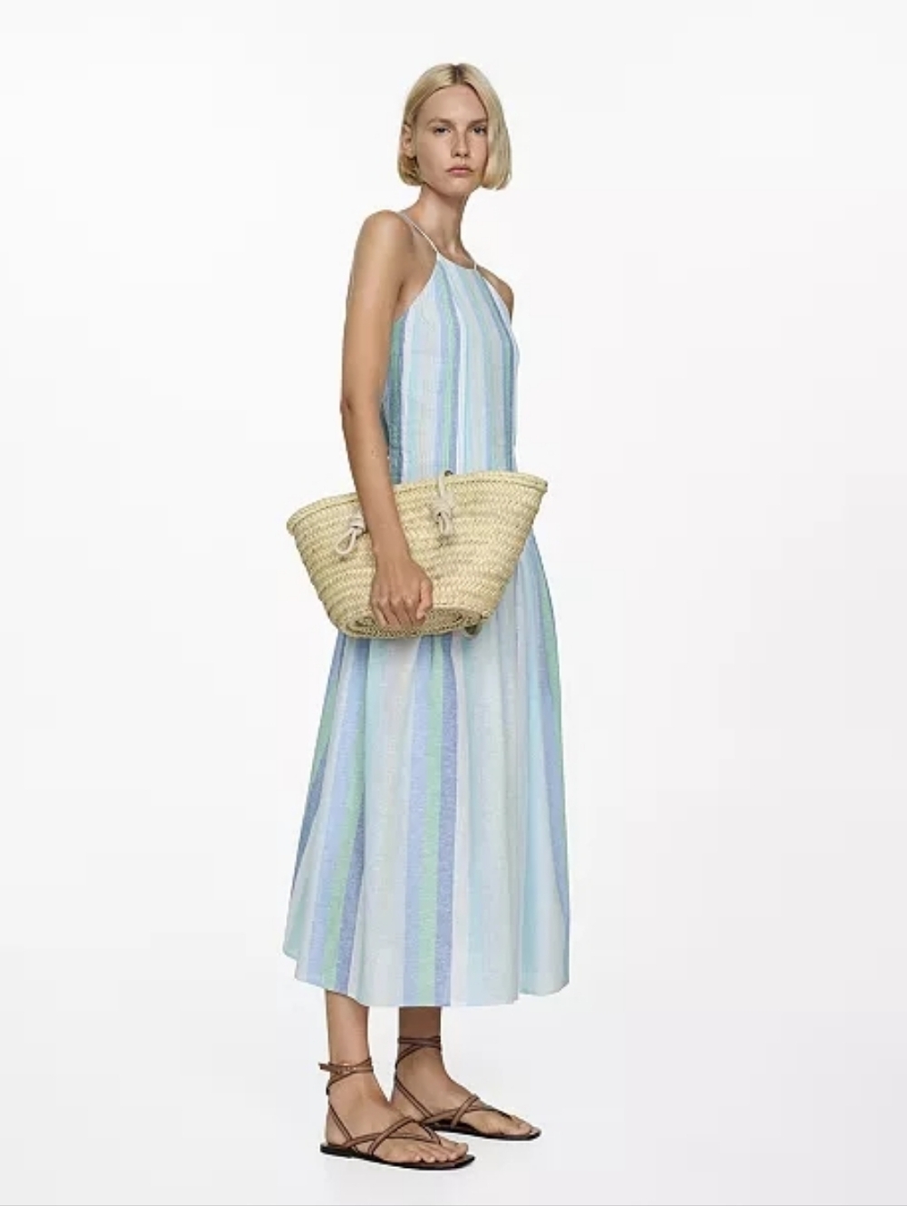 MNG Striped Linen Dress Sundress Summer Linen Sun Dress Size 8